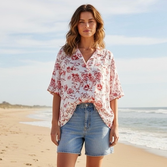 Cynthia Rowley Tops - Cynthia Rowley 100% Linen Short Sleeve Floral Top Size M